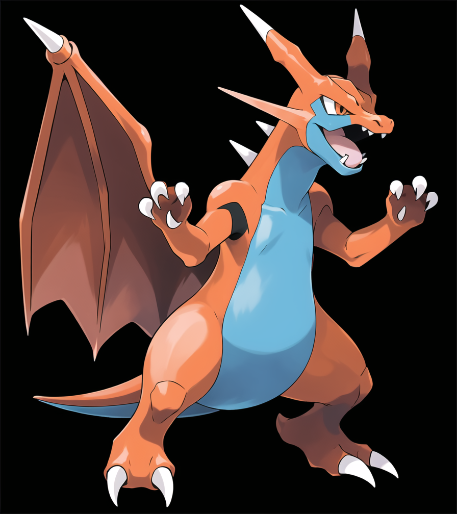 00403-676654734-sugimori ken _(style_), pokemon _(creature_), , salamence, charizard mega X, solo, open mouth, simple background, full body, win.png